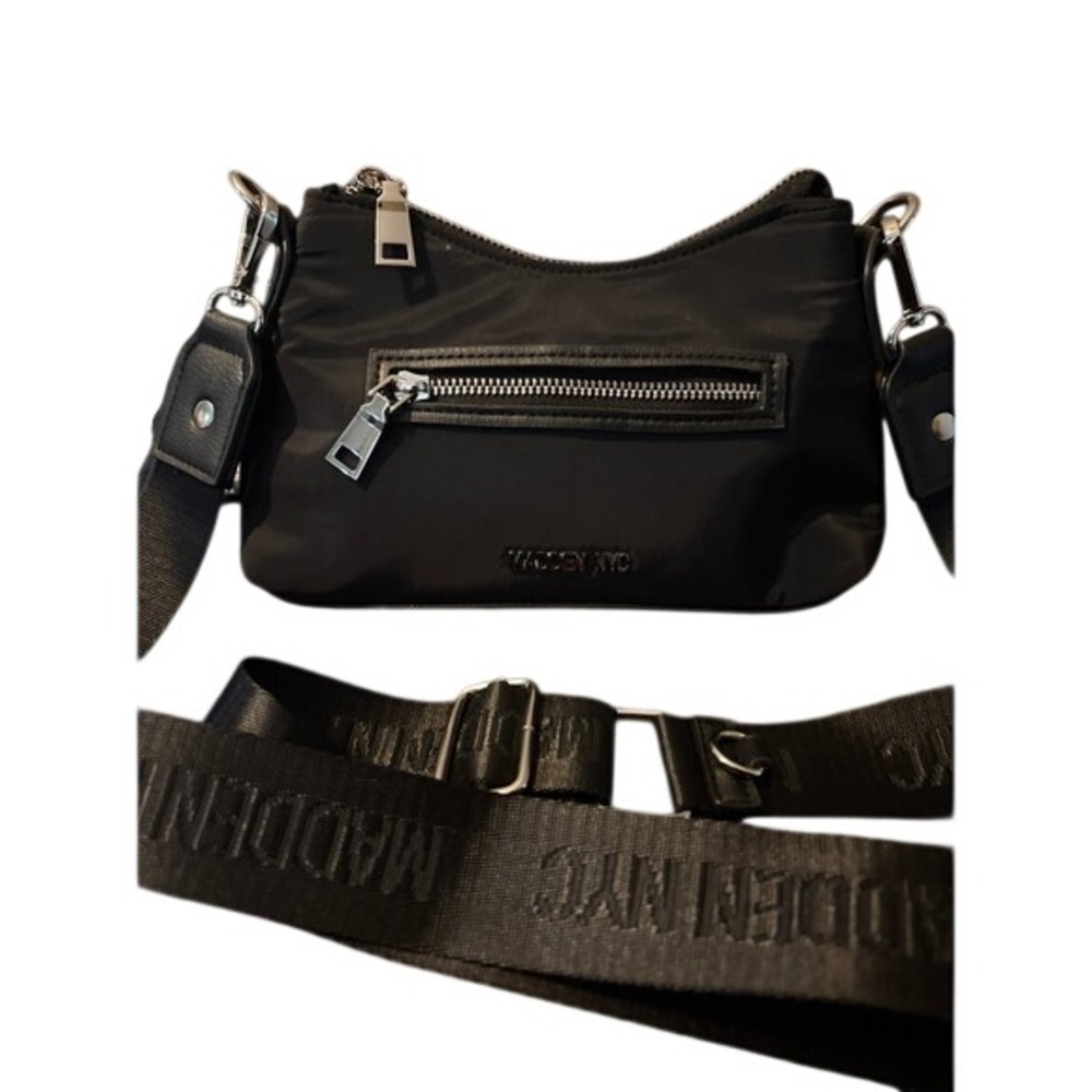 Madden NYC Black Nylon Crossbody Bag Wide Logo Strap Small Shoulder Bag